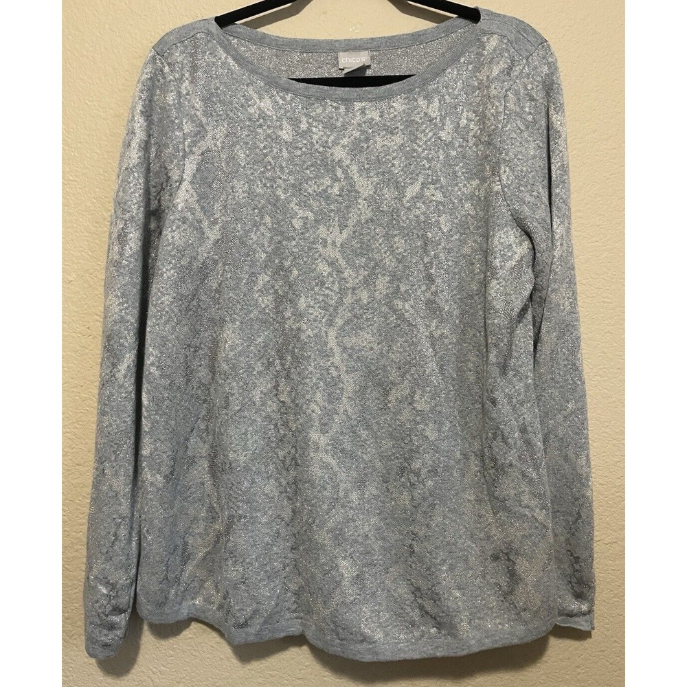 Chicos Sweater Long Sleeve Animal Print Silver Gold Size 2 Large Metallic - Picture 1 of 10